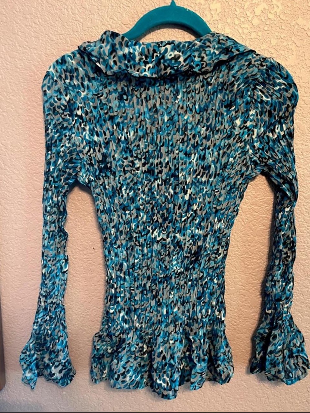 Blue Ruffle-Front Women's Blouse - Picture 5 of 6